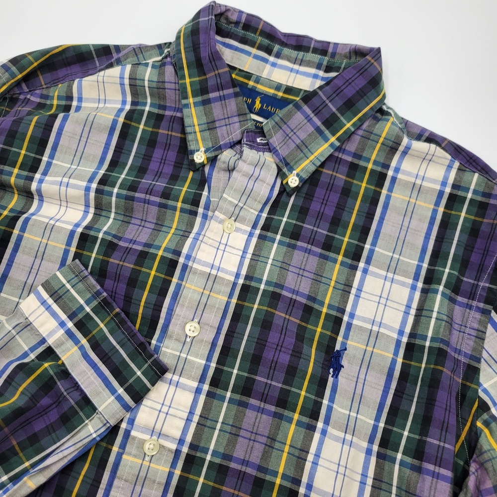 Ralph Lauren Classic Fit Plaid Button Down Shirt Mens Large Purple Green Cotton